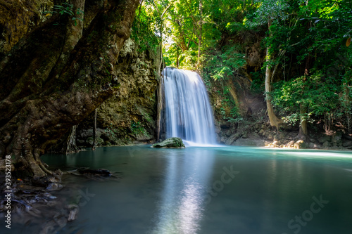 Fototapeta Naklejka Na Ścianę i Meble -  Erawan waterfall in Thailand. Beautiful waterfall with emerald pool in nature.
