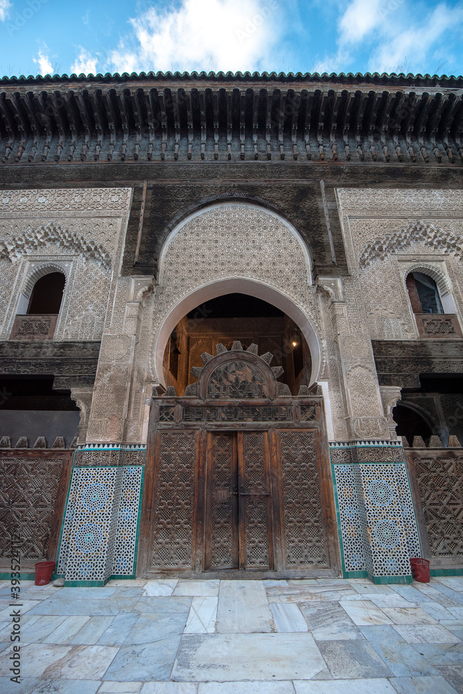 The Madrasa Bou Inania (Medersa el Bouanania) in FEZ, MOROCCO is acknowledged as an excellent example of Marinid architecture. Souk Medina of Fes el Bali