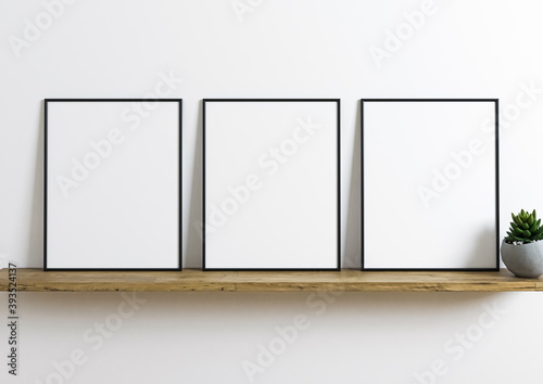 Three Vertical 8x10 Black Frame mockup. Three Vertical Black frames on a wooden shelf with plant in a concrete vase. 