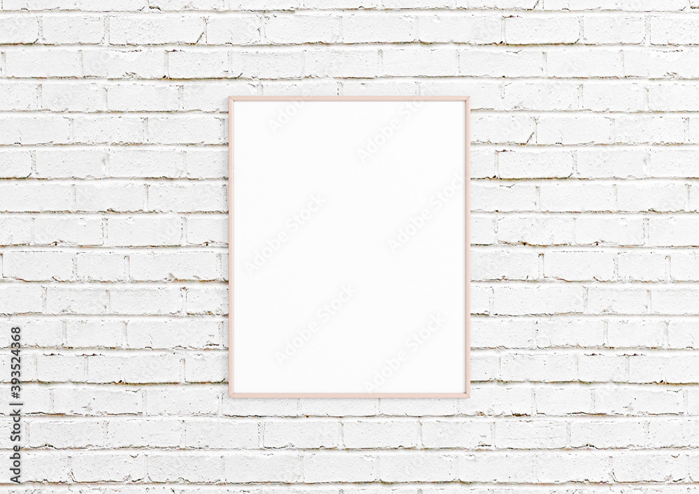 Vertical 8x10 Pink Frame mockup. Vertical Pink frame on a white floor and white bricks wall. Vertical 8x10 Pink Frame mockup. Vertical Pink frame on a white floor and white bricks wall.