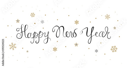Happy New Year script text hand lettering with snowflakes. Vector illustration isolated on white background. Design template Celebration typography poster, banner or greeting card.