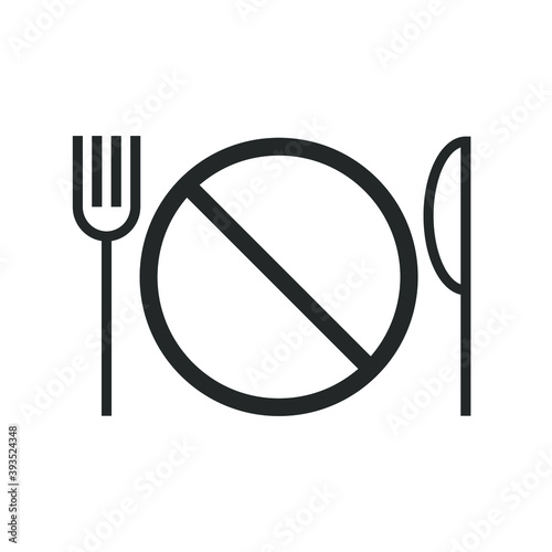 Not edible vector icon. No food symbol. Fork knife and prohibiton sign. Not to eat caution warning label. Package marking logo. Clip-art silhouette isolated on white background.