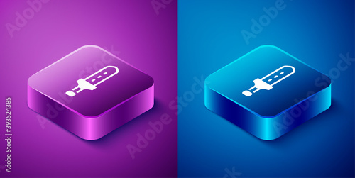 Isometric Medieval sword icon isolated on blue and purple background. Medieval weapon. Square button. Vector.