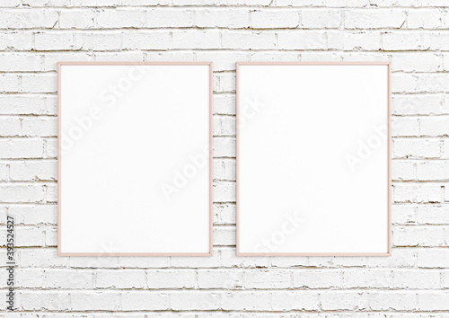 Two Vertical 8x10 Pink Frames mockup. Double Vertical Pink frames on a white brick wall.