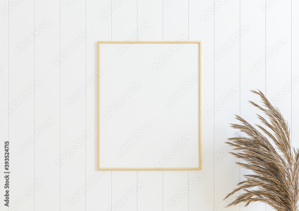 Vertical boho style wood frame mockup . Wood frame poster on a white wall with plant . 3D illustrations.