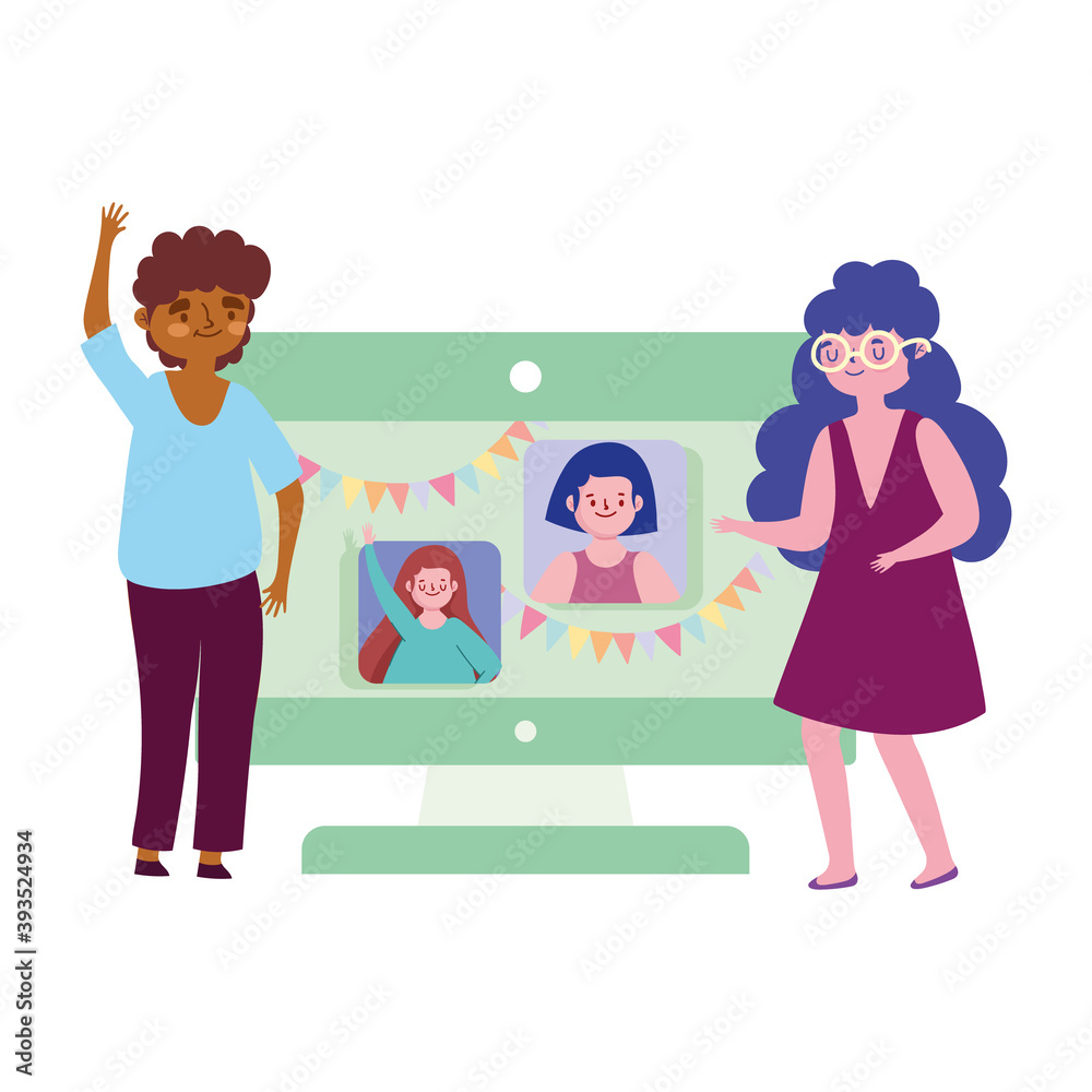 online party, couple connected with people by internet meeting celebration online party, couple connected with people by internet meeting celebration