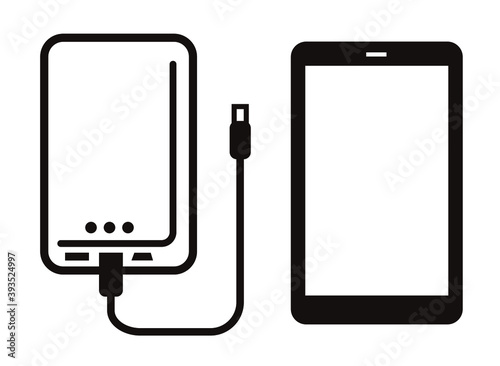 スマホと充電用バッテリーのシンプルなアイコン/白黒
