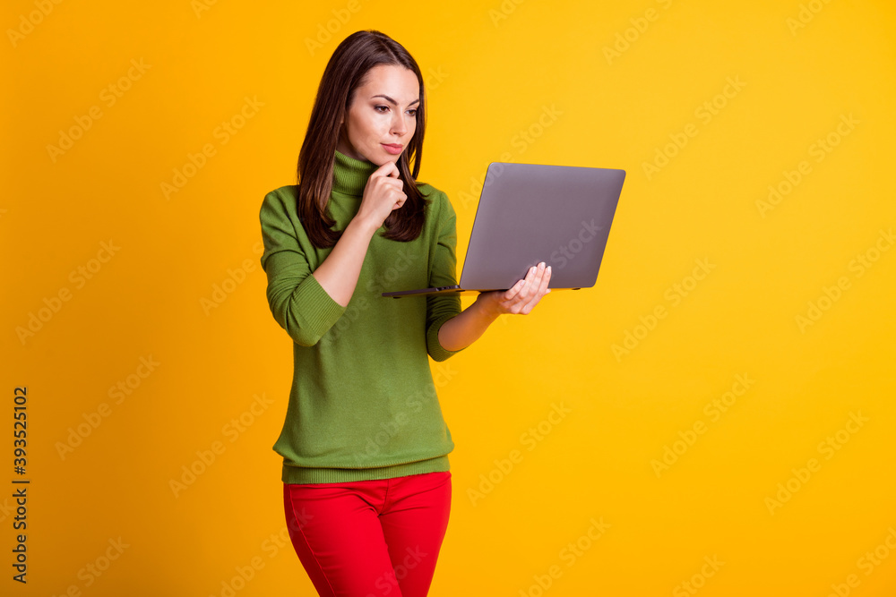 Photo of attractive lady hold notebook look screen arm on chin wear green sweater red pants isolated yellow color background Photo of attractive lady hold notebook look screen arm on chin wear green sweater red pants isolated yellow color background