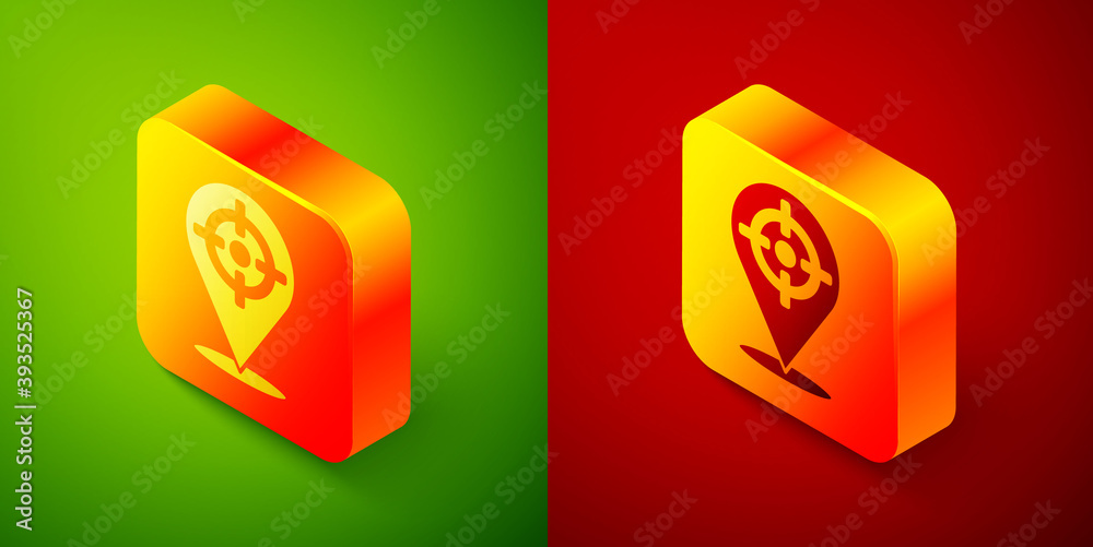 Isometric Target sport icon isolated on green and red background. Clean target with numbers for shooting range or shooting. Square button. Vector. Isometric Target sport icon isolated on green and red background. Clean target with numbers for shooting range or shooting. Square button. Vector.