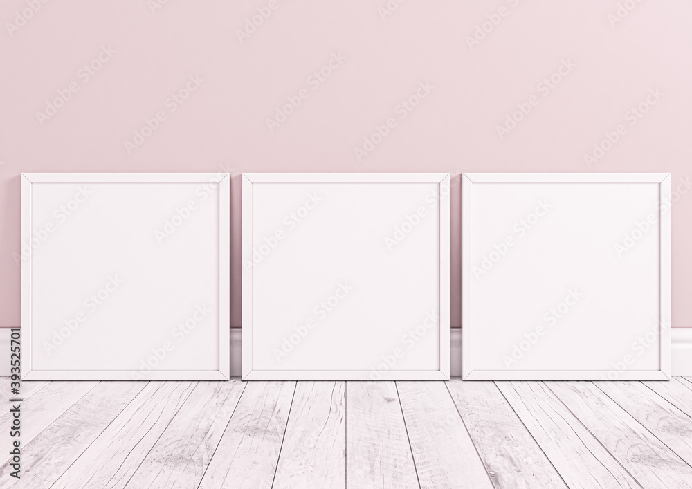 Three square white frame mockups for nursery or kids room. Children room nursery mockup frame poster on clean pink wall and white wood floor. Three square white frame mockups for nursery or kids room. Children room nursery mockup frame poster on clean pink wall and white wood floor.