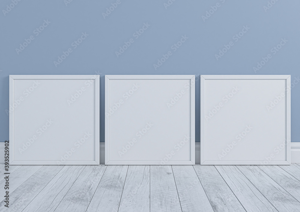 Three square white frame mockups for nursery or kids room. Children room nursery mockup frame poster on clean blue wall and white wood floor. Three square white frame mockups for nursery or kids room. Children room nursery mockup frame poster on clean blue wall and white wood floor.