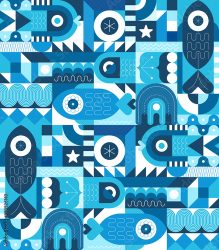 Sea life vector illustration. Blue shades geometric style flat design with fish, jellyfish and abstract shapes.