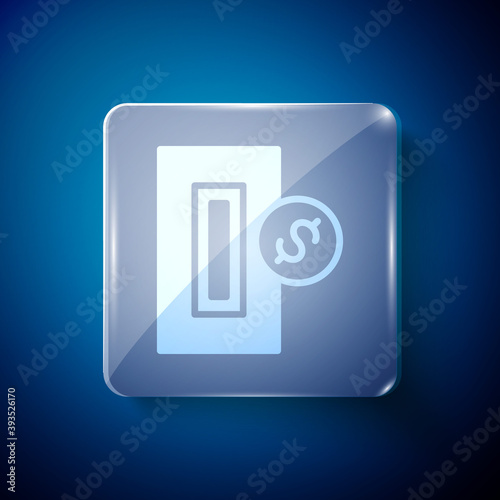 White Hand inserting coin to a slot on a vending machine or arcade machine icon isolated on blue background. Square glass panels. Vector.