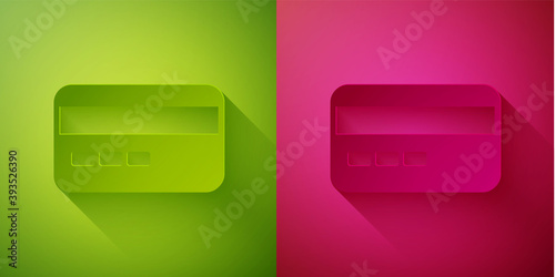 Paper cut Credit card icon isolated on green and pink background. Online payment. Cash withdrawal. Financial operations. Shopping sign. Paper art style. Vector.