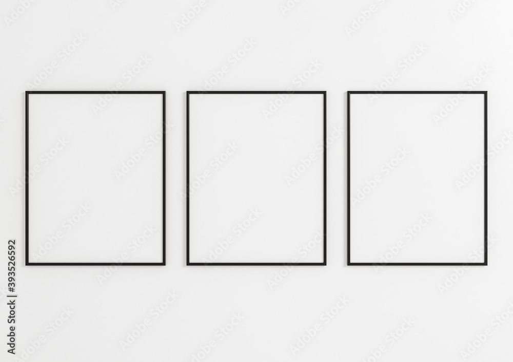 Three Vertical 8x10 Black Frame mockup. Three Vertical Black frames on a white wall. Three Vertical 8x10 Black Frame mockup. Three Vertical Black frames on a white wall.