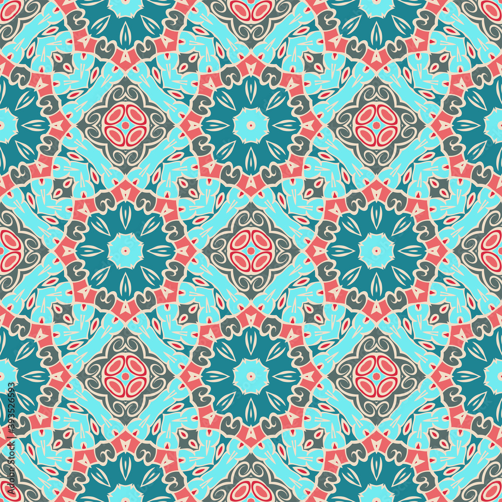 Creative color abstract geometric mandala pattern in gray blue beige red, vector seamless, can be used for printing onto fabric, interior, design, textile, rug, carpet.