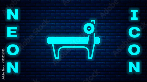 Glowing neon Bench with barbel icon isolated on brick wall background. Gym equipment. Bodybuilding, powerlifting, fitness concept. Vector.