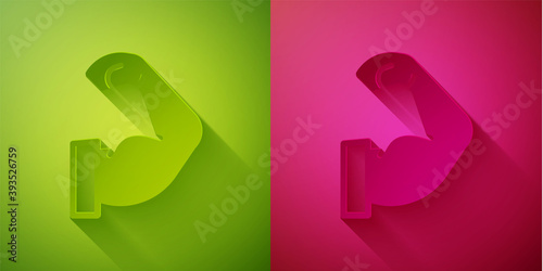 Paper cut Bodybuilder showing his muscles icon isolated on green and pink background. Fit fitness strength health hobby concept. Paper art style. Vector.