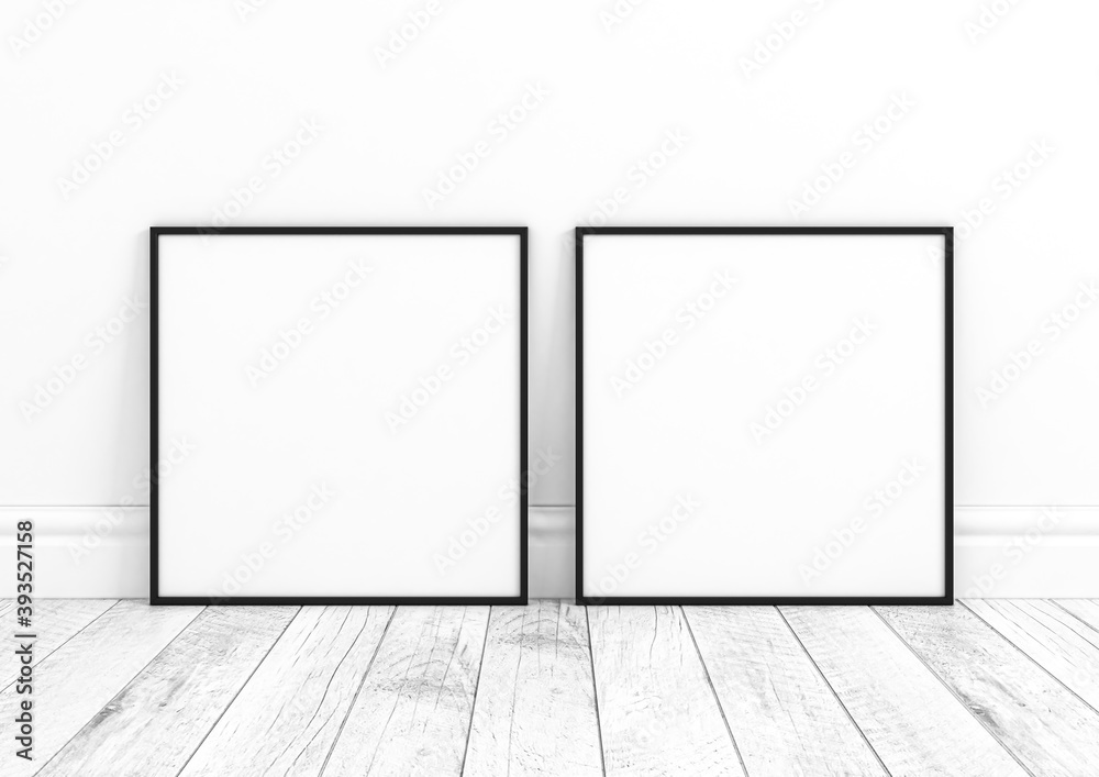 Two square black frame mockups. Double black frame posters on clean white wall and white wooden floor. Two square black frame mockups. Double black frame posters on clean white wall and white wooden floor.