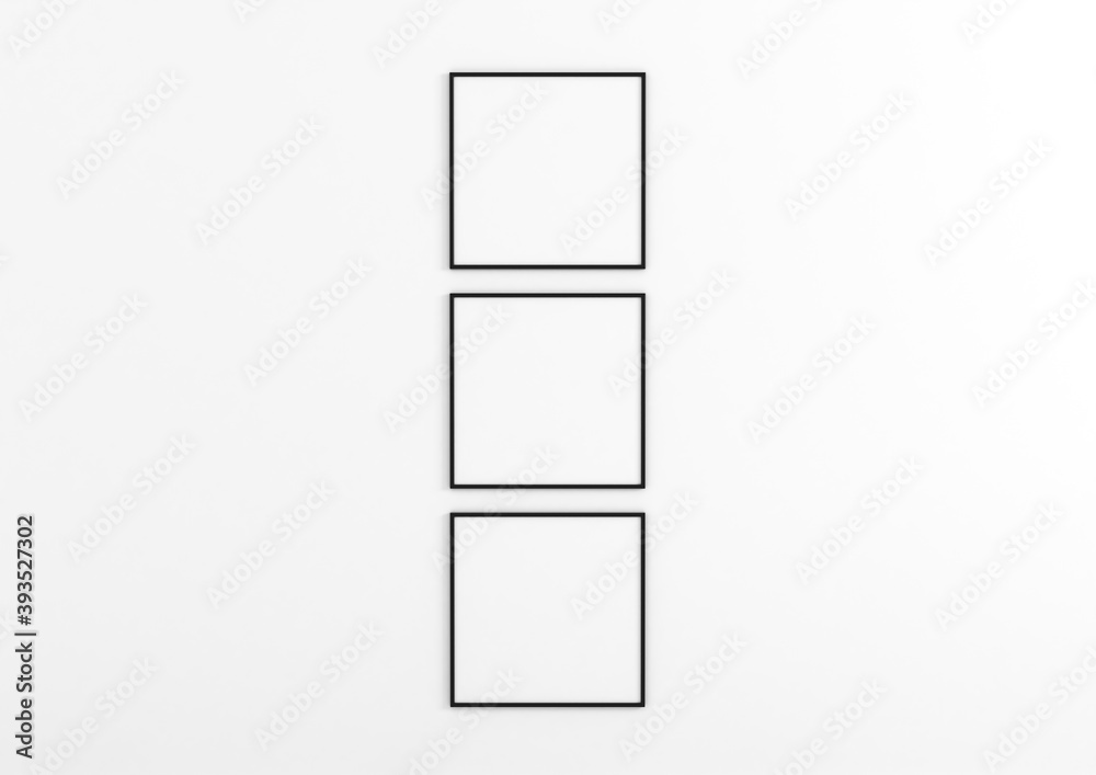 Three 10x10 Black Frames Mockup. Three Black Frames on a white wall. Three 10x10 Black Frames Mockup. Three Black Frames on a white wall.