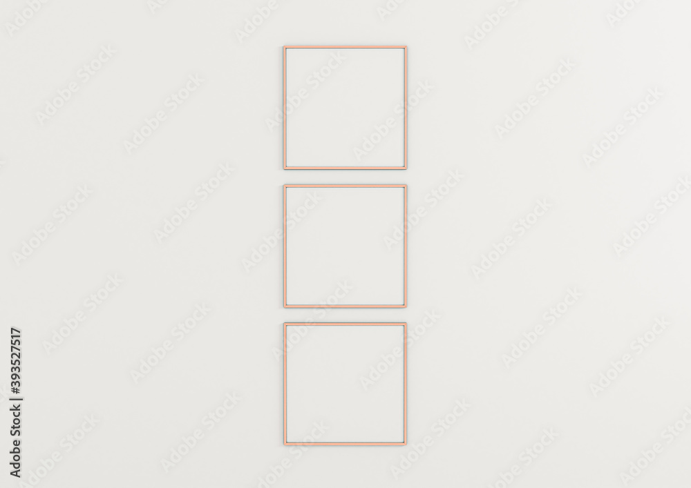 Three square rose gold frame mockups. Rose gold frame poster on clean white wall.