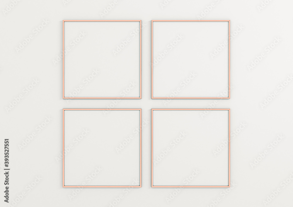 Four square rose gold frame mockups. Rose gold frame posters on clean white wall. Four square rose gold frame mockups. Rose gold frame posters on clean white wall.