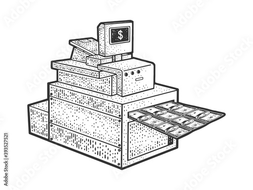 printing money dollars machine sketch engraving vector illustration. T-shirt apparel print design. Scratch board imitation. Black and white hand drawn image.