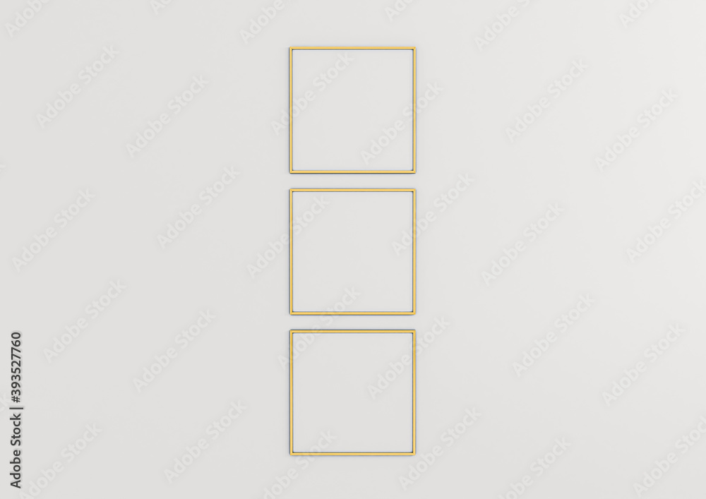 Three square gold frame mockups. Gold frame poster on clean white wall.