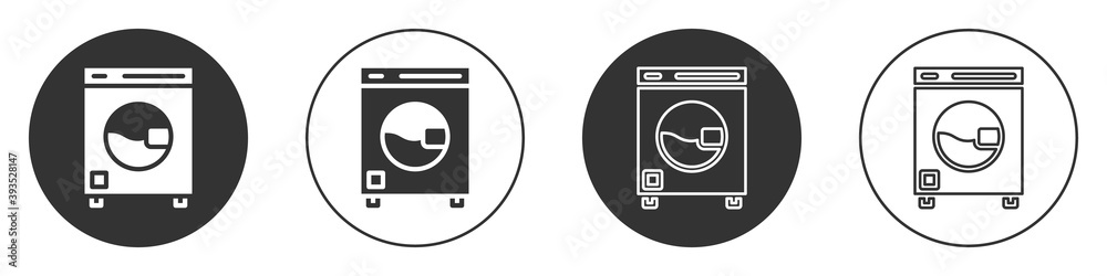 Black Washer icon isolated on white background. Washing machine icon. Clothes washer - laundry machine. Home appliance symbol. Circle button. Vector. Black Washer icon isolated on white background. Washing machine icon. Clothes washer - laundry machine. Home appliance symbol. Circle button. Vector.