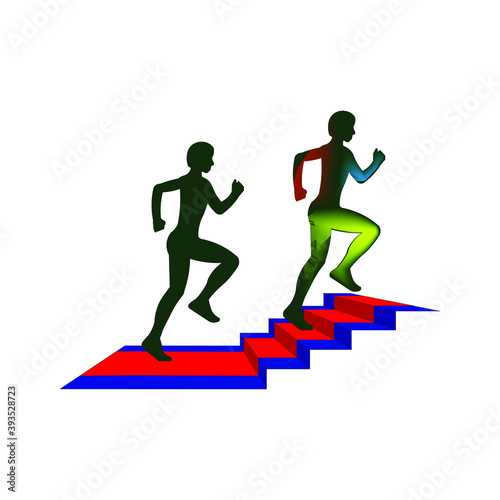 A realistic image of a forestry march. A silhouette of a runner on the steps covered with a carpet for a solemn ascent. Success symbol. Vector graphics for design. Abstract for business. Background.