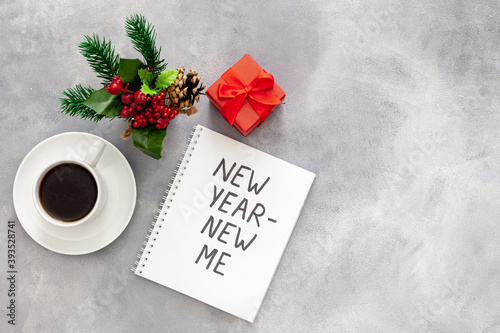 New year - new me. Inspiration concept on Gray stone flat lay