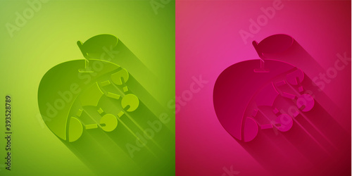 Paper cut Biological structure icon isolated on green and pink background. Genetically modified organism and food. Paper art style. Vector.