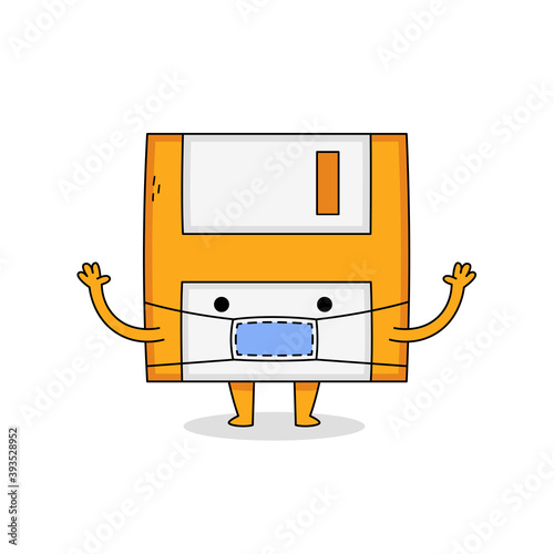 Cute floppy disk cartoon character wearing mask