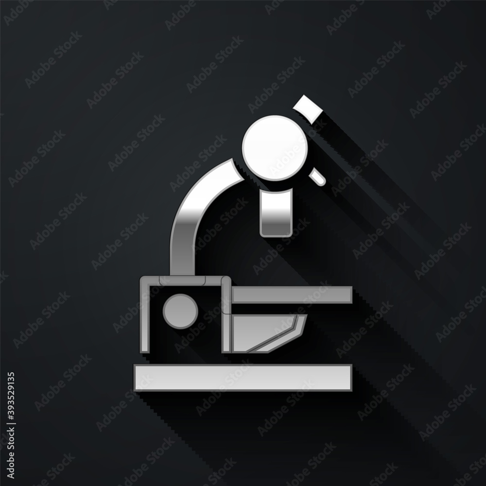 Silver Microscope icon isolated on black background. Chemistry, pharmaceutical instrument, microbiology magnifying tool. Long shadow style. Vector. Silver Microscope icon isolated on black background. Chemistry, pharmaceutical instrument, microbiology magnifying tool. Long shadow style. Vector.