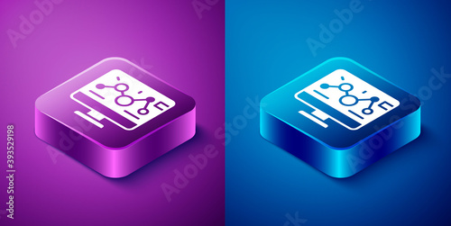 Isometric Genetic engineering modification on laptop icon isolated on blue and purple background. DNA analysis, genetics testing, cloning. Square button. Vector.