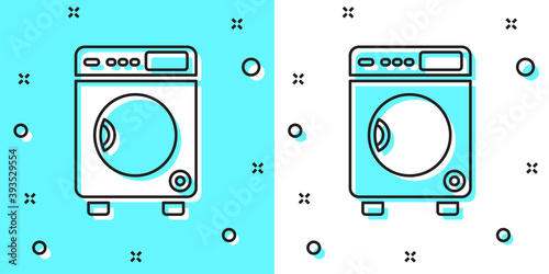 Black line Washer icon isolated on green and white background. Washing machine icon. Clothes washer - laundry machine. Home appliance symbol. Random dynamic shapes. Vector.