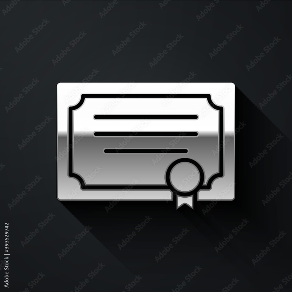 Obraz premium Silver Certificate template icon isolated on black background. Achievement, award, degree, grant, diploma concepts. Long shadow style. Vector.