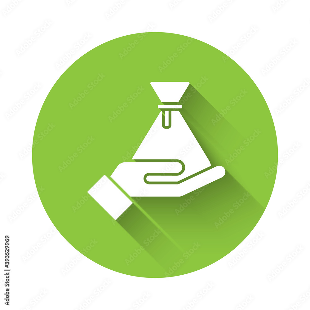 White Bribe money bag icon isolated with long shadow. Bill currency. Green circle button. Vector. White Bribe money bag icon isolated with long shadow. Bill currency. Green circle button. Vector.