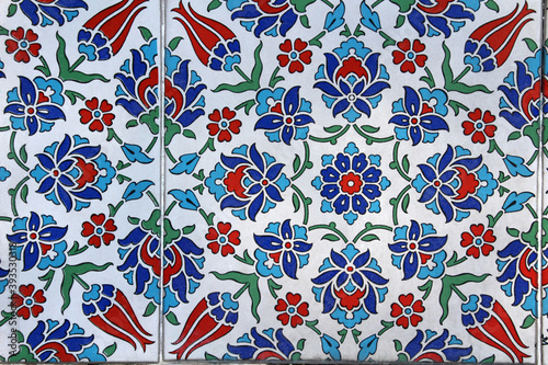 A detail from Fountain Topraklik. Tiles were made in the Rebuplic period at the end of the 21th century. Motifs specific to Turkish art. 