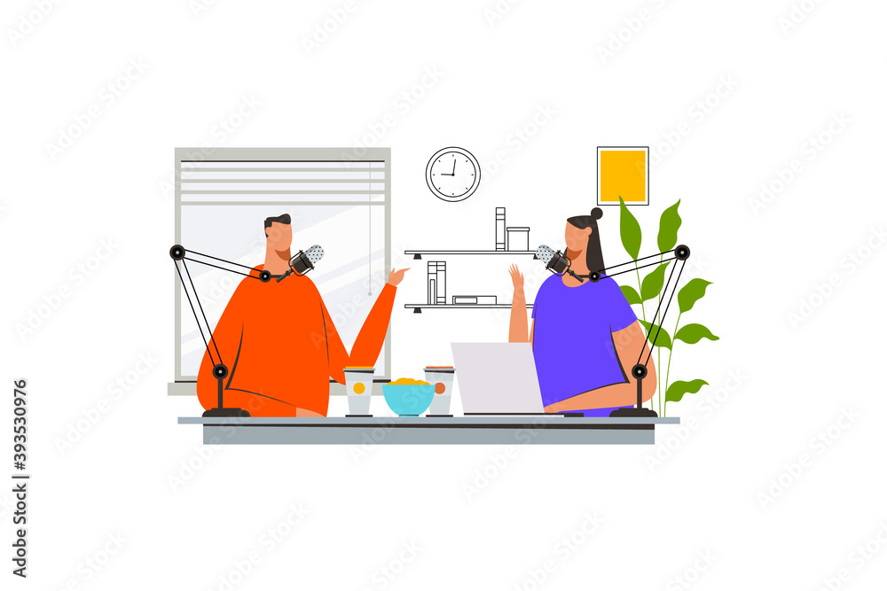 Podcast concept illustration. Joyful person radio host interviewing guest. Recording audio podcast or online show. Flat vector illustration