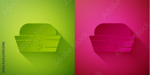 Paper cut Sailor hat icon isolated on green and pink background. Paper art style. Vector.