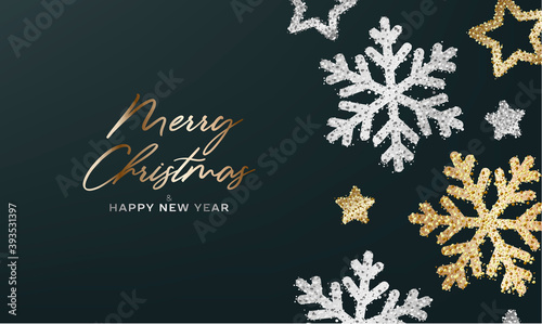 Merry Christmas and Happy new year greeting card or poster with shiny illustration of golden and silver snowflakes and stars, close up