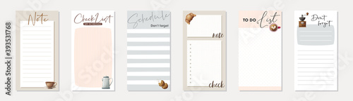Set of planners and to do list with hand 

drawn coffee and dessert illustrations.  

Template for agenda, schedule, planners, 

checklists, notebooks, cards and other 

stationery.