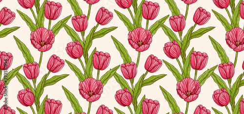 Hand drawn pattern of tulips flower and leaves. Pink and green colors with line art  vector illustration. Best for invitation  print  card  poster.