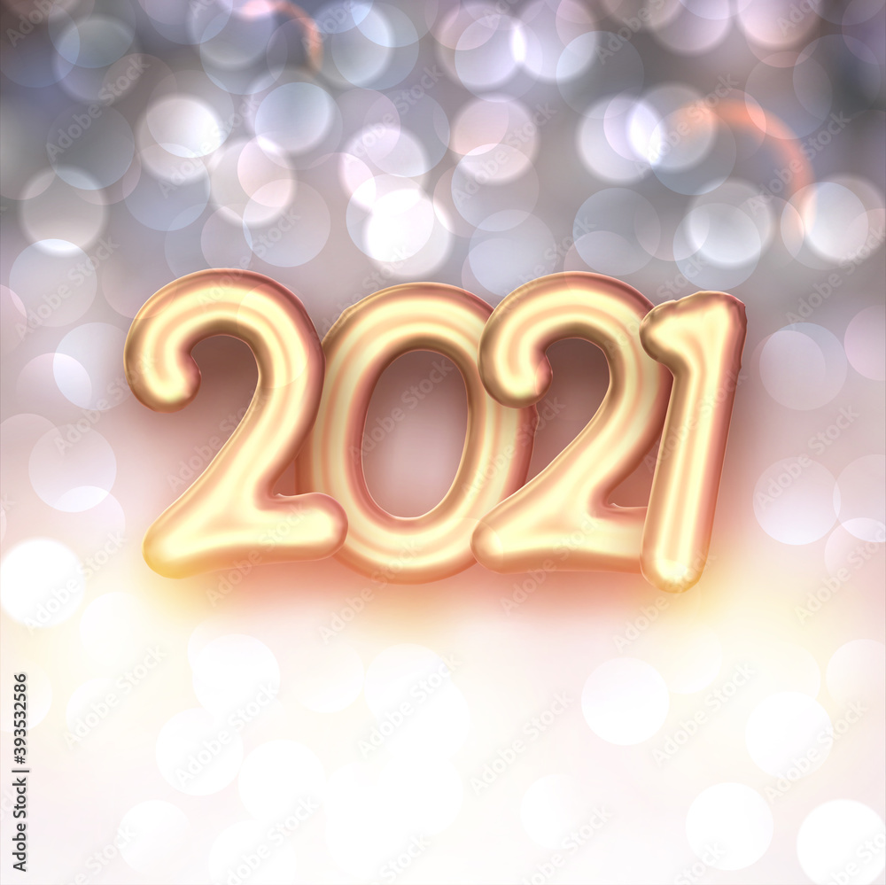 Golden foil balloon 2021 sign on blurred background.