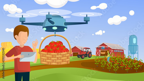 Man with a tablet controls a drone on a smart farm through an app. The quadcopter carries a basket of tomatoes. Girl collects ripe tomato and harvests. Future technologies. Agricultural automation