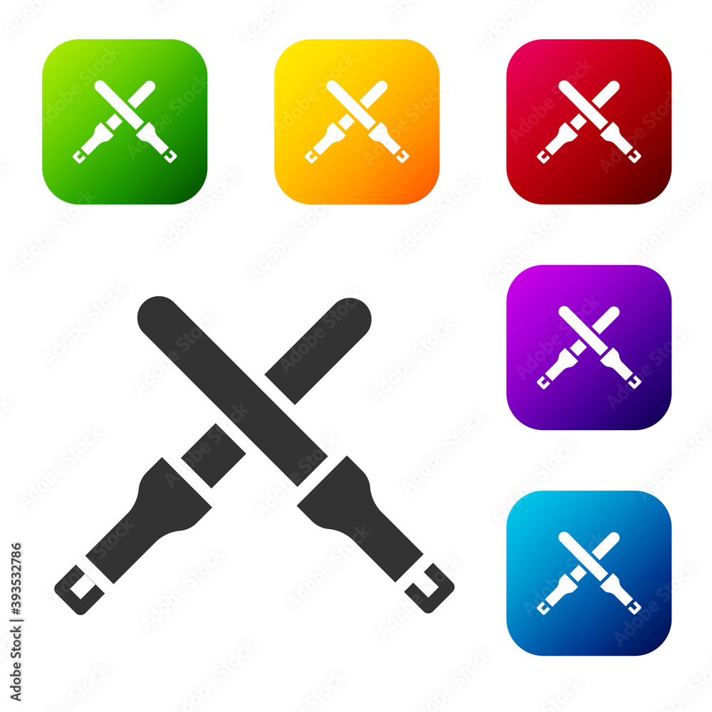 Black Marshalling wands for the aircraft icon isolated on white background. Marshaller communicated with pilot before and after flight. Set icons in color square buttons. Vector.