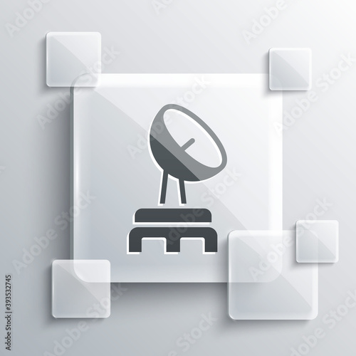 Grey Radar icon isolated on grey background. Search system. Satellite sign. Square glass panels. Vector.