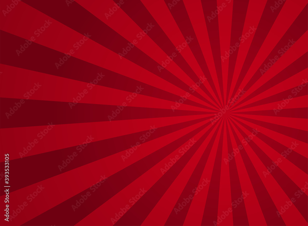 Sunlight rays horizontal background. Bright red color burst background.