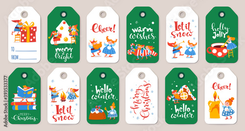 Bundle of winter sale labels with cute elf characters on Christmas holidays